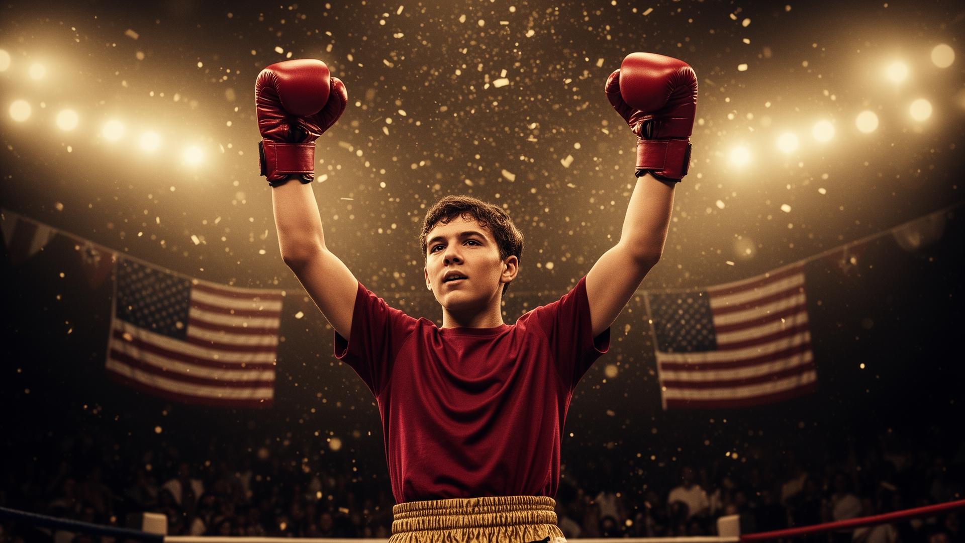Young boxer raising arms in victory